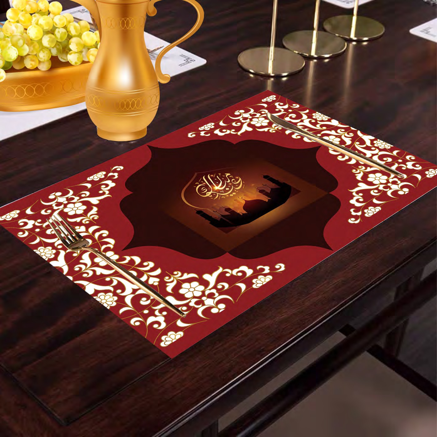 Ramadan Muslim American leather heat-insulated and water-filtered Western placemats, Nordic household bowls and cups, 100%Polyster creative eco-friendly table MATS Item Picture