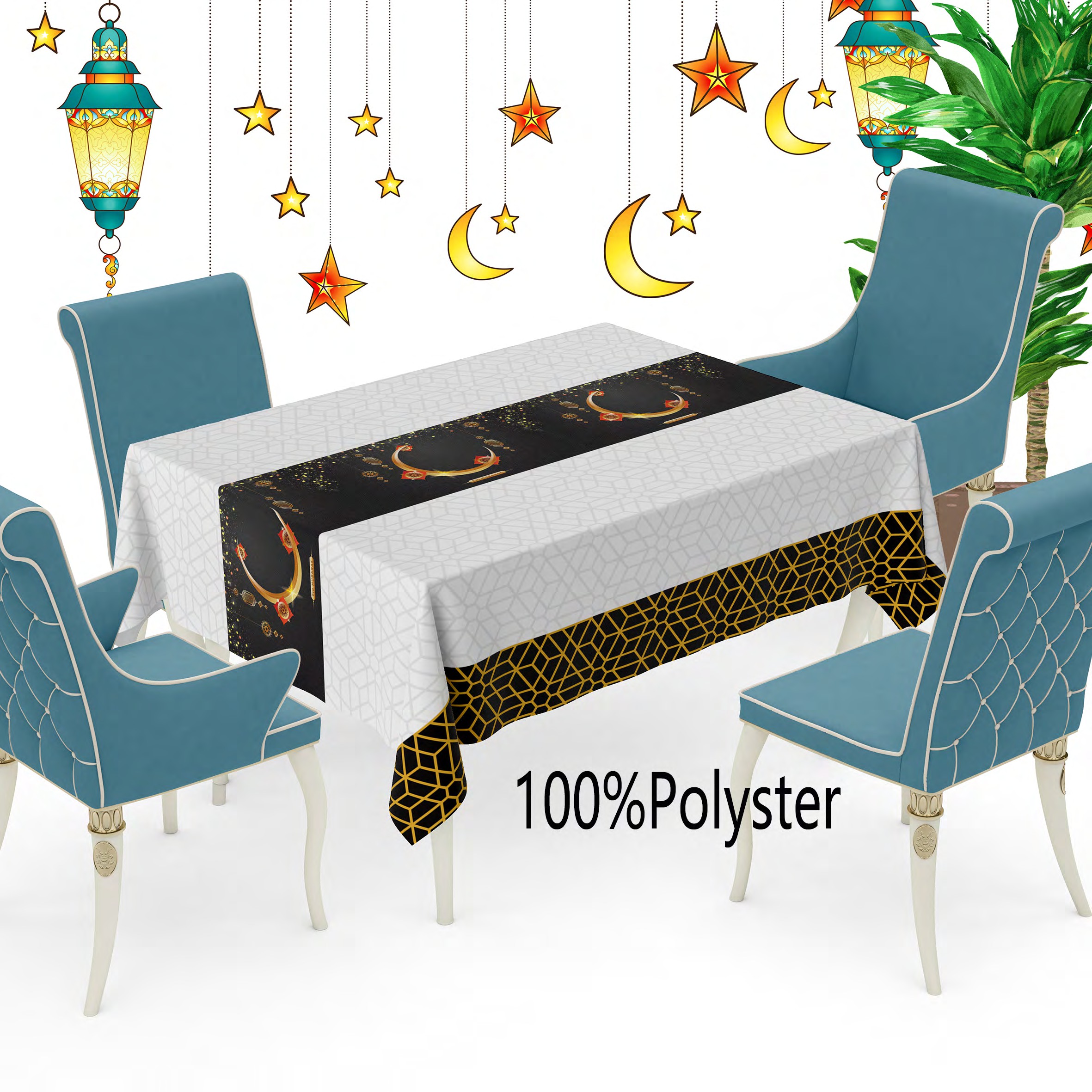 Muslim Ramadan festival Nordic tablecloth, waterproof, oil-resistant, heat-resistant, no-wash pvc rectangular table mat, high-end dining table and living room coffee table tablecloth, creative and personalized home non-woven fabric, 100%polyster details Picture