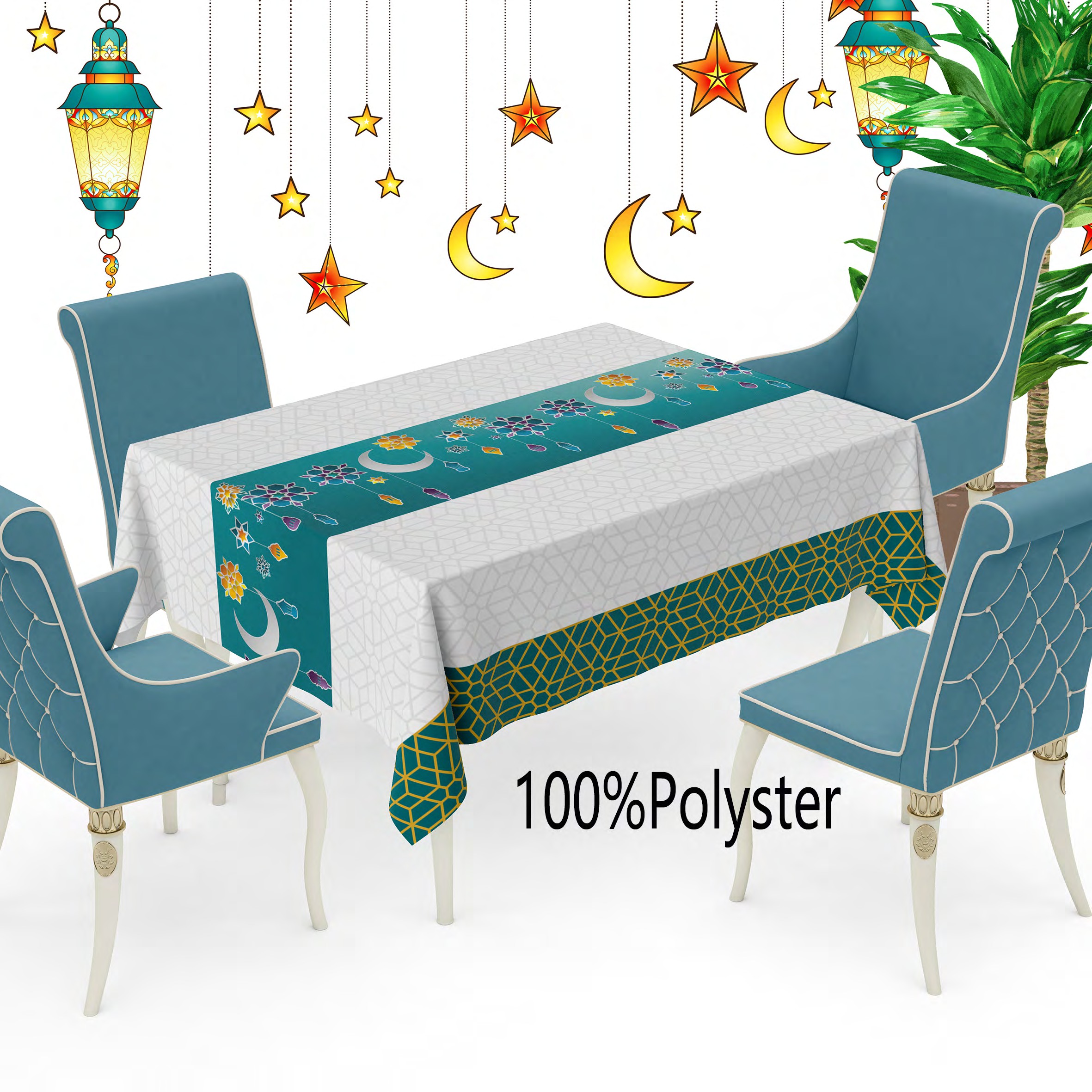 Muslim Ramadan festival Nordic tablecloth, waterproof, oil-resistant, heat-resistant, no-wash pvc rectangular table mat, high-end dining table and living room coffee table tablecloth, creative and personalized home non-woven fabric, 100%polyster Item Picture