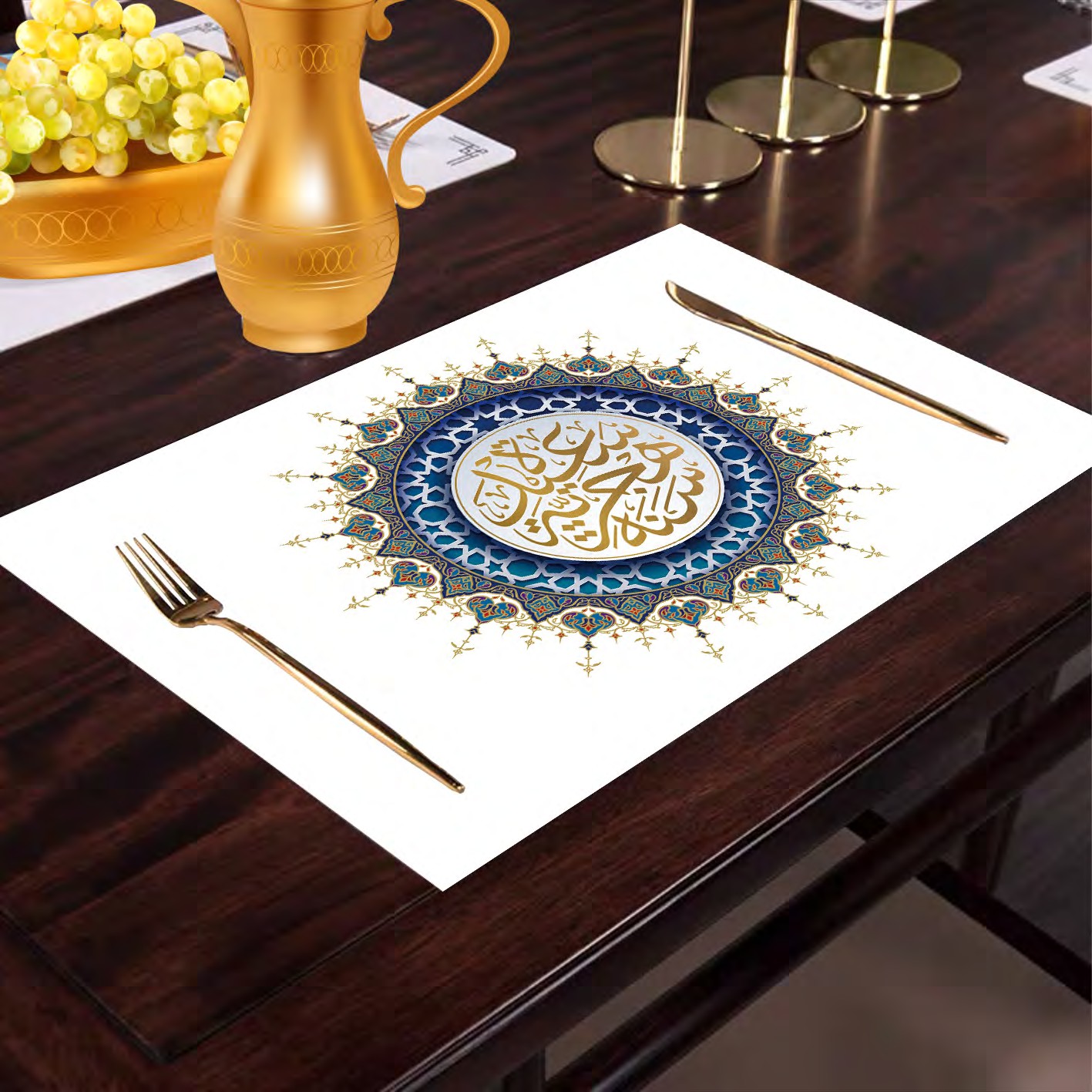 100%Polyster waterproof Western placemats, European heat insulation, Nordic home creative, personalized and eco-friendly placemats for Ramadan Muslim Festival Application Scenario