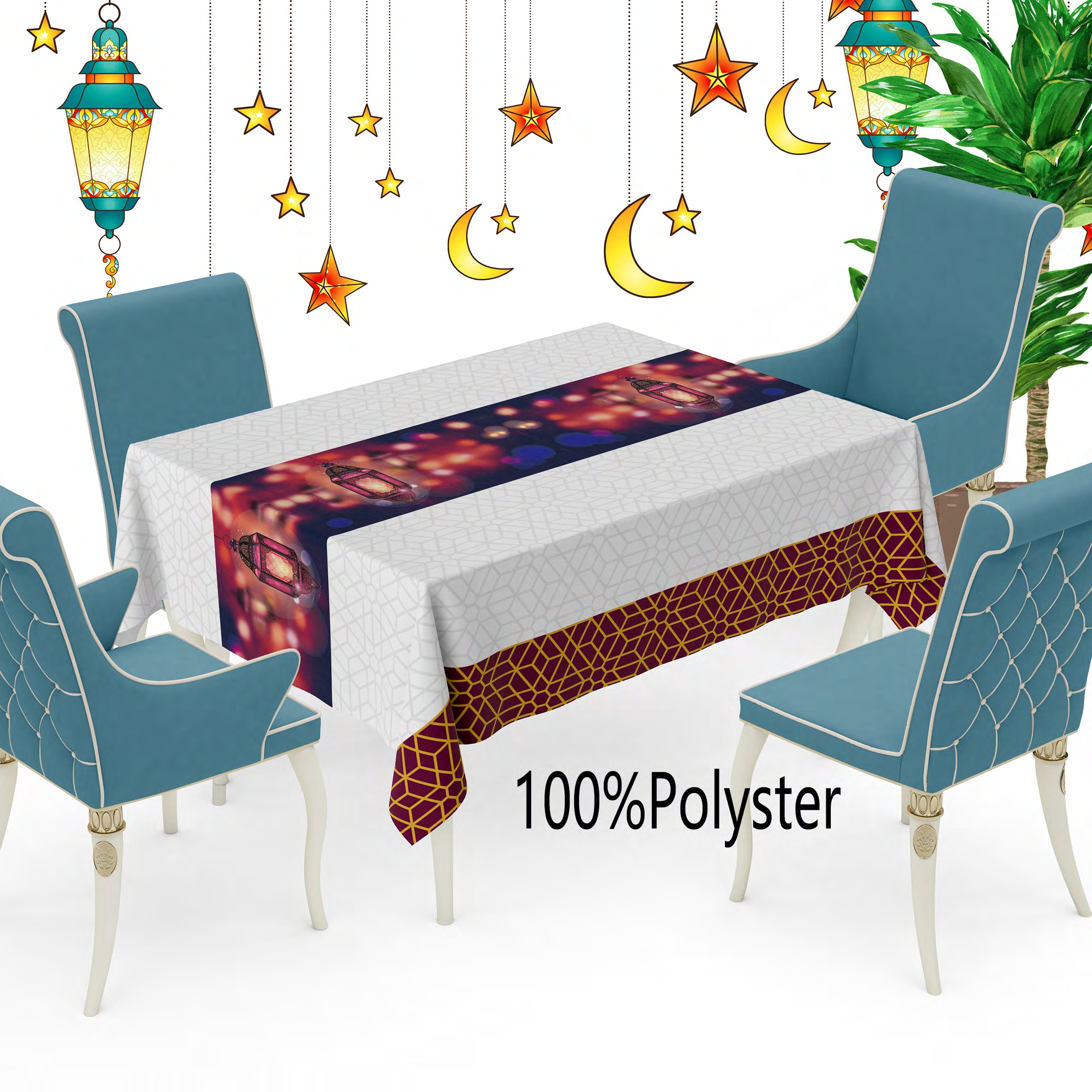 Muslim Ramadan festival Nordic tablecloth, waterproof, oil-resistant, heat-resistant, no-wash pvc rectangular table mat, high-end dining table and living room coffee table tablecloth, creative and personalized home non-woven fabric, 100%polyster Application Scenario