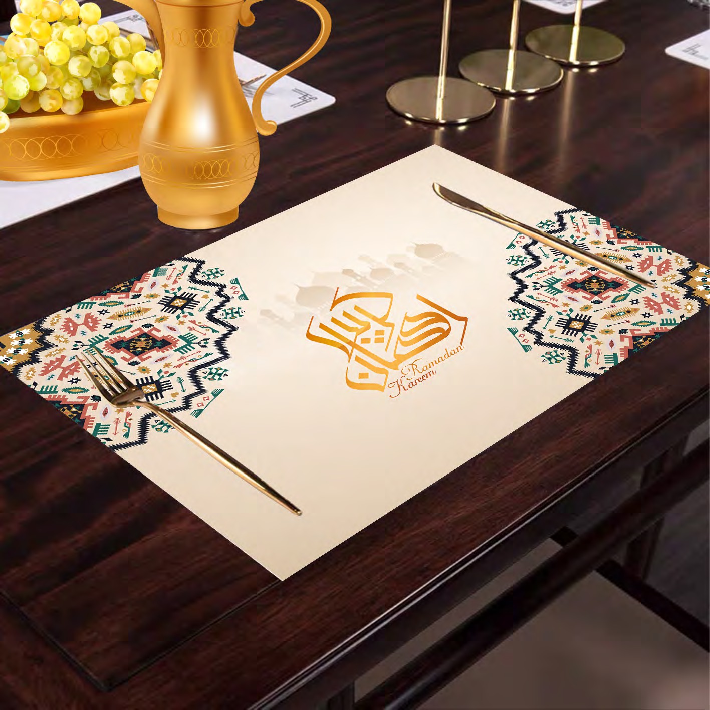 Ramadan Muslim American leather heat-insulated and water-filtered Western placemats, Nordic household bowls and cups, 100%Polyster creative eco-friendly table MATS