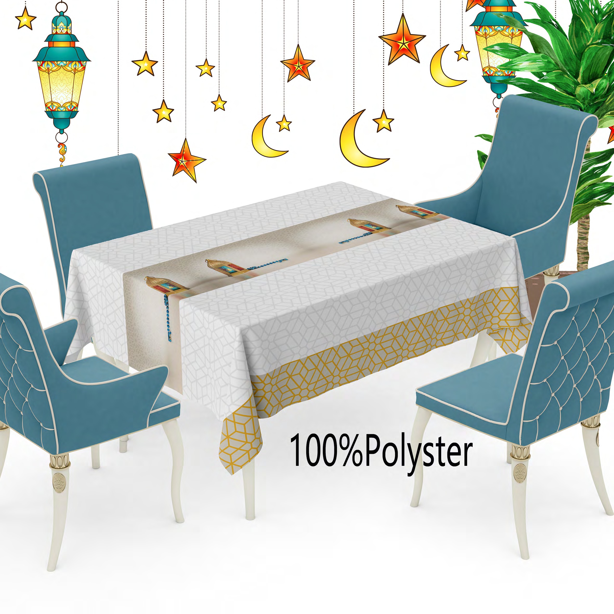 Muslim Ramadan festival Nordic tablecloth, waterproof, oil-resistant, heat-resistant, no-wash pvc rectangular table mat, high-end dining table and living room coffee table tablecloth, creative and personalized home non-woven fabric, 100%polyster Specification image