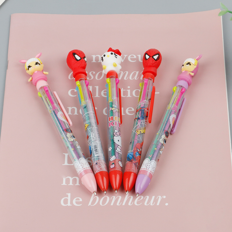 Four-color high-appearation-level cartoon ballpoint pen, cute planner with four-color pen that can be pressed, student multi-color ballpoint pen