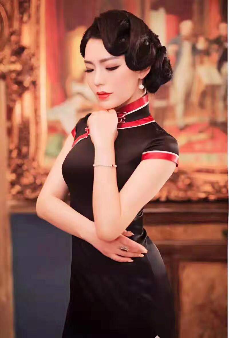 黑色老上海长旗袍2022年新款黑色重磅真丝复古风气质高端长裙