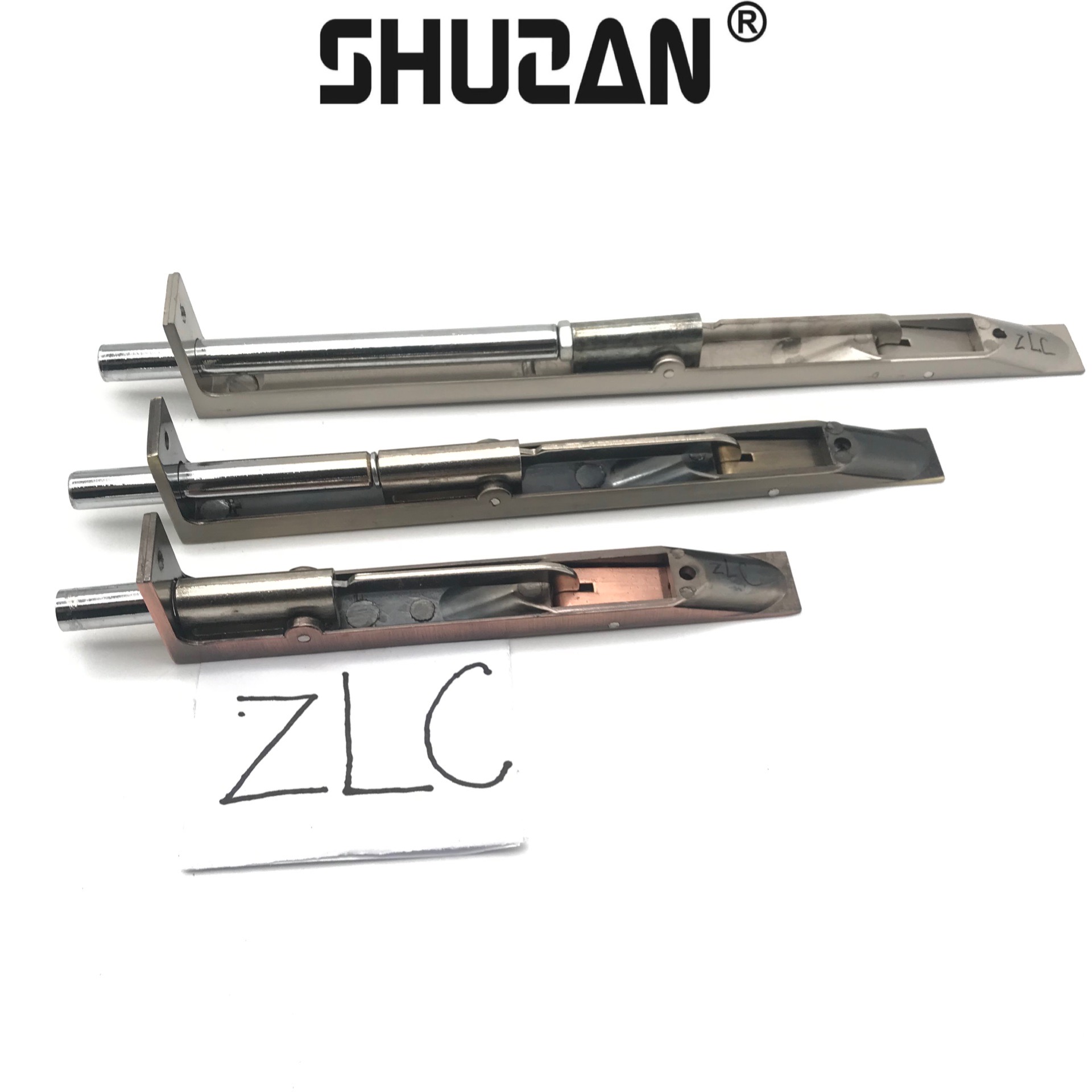 Shuzan steel core concealed latch top and bottom latch fireproof door thickened bolt 304 stainless steel anti-theft latch mother and child door ground latch model C300 003