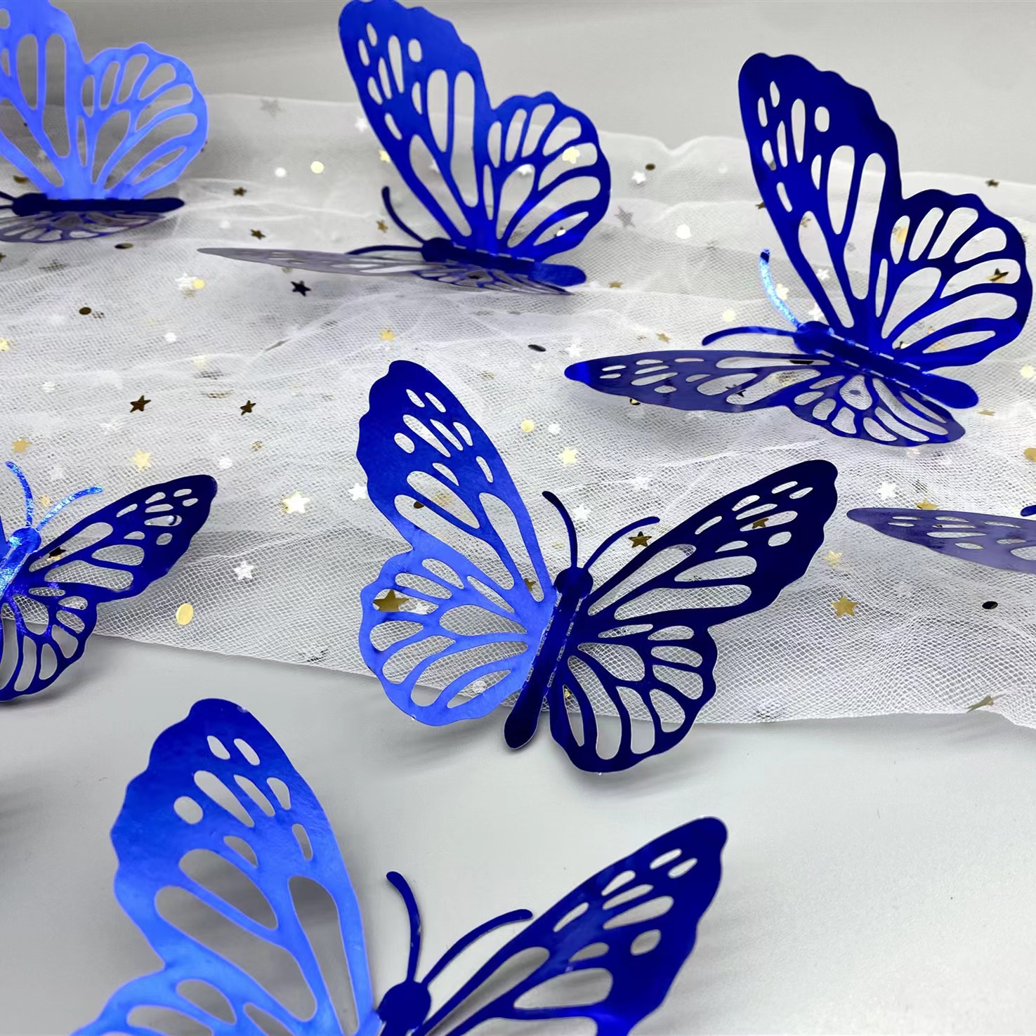 版权 3D立体镂空蝴蝶装饰墙贴 镭射金 镭射银 金色 银色 蓝色 黑色  自粘蝴蝶贴 婚礼派对装饰蝴蝶贴详情8