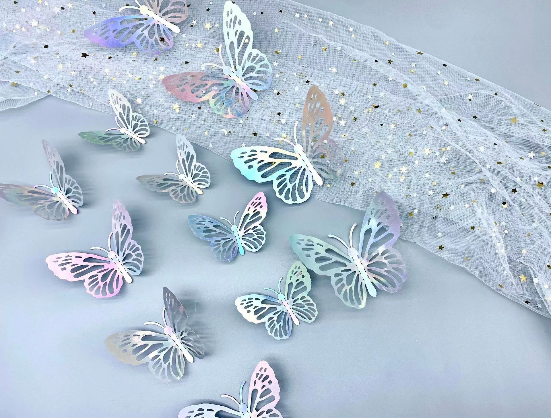 版权 3D立体镂空蝴蝶装饰墙贴 镭射金 镭射银 金色 银色 蓝色 黑色  自粘蝴蝶贴 婚礼派对装饰蝴蝶贴详情7