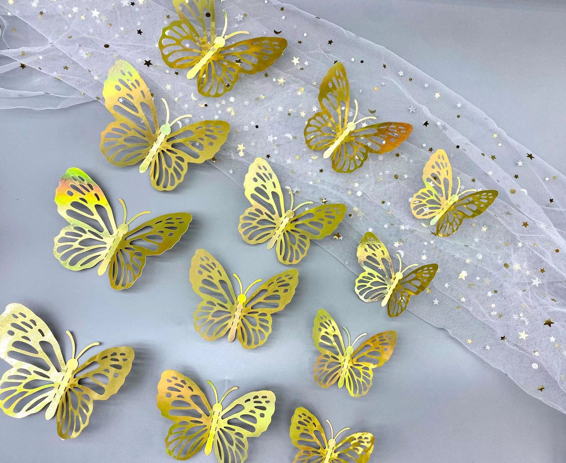 版权 3D立体镂空蝴蝶装饰墙贴 镭射金 镭射银 金色 银色 蓝色 黑色  自粘蝴蝶贴 婚礼派对装饰蝴蝶贴详情4