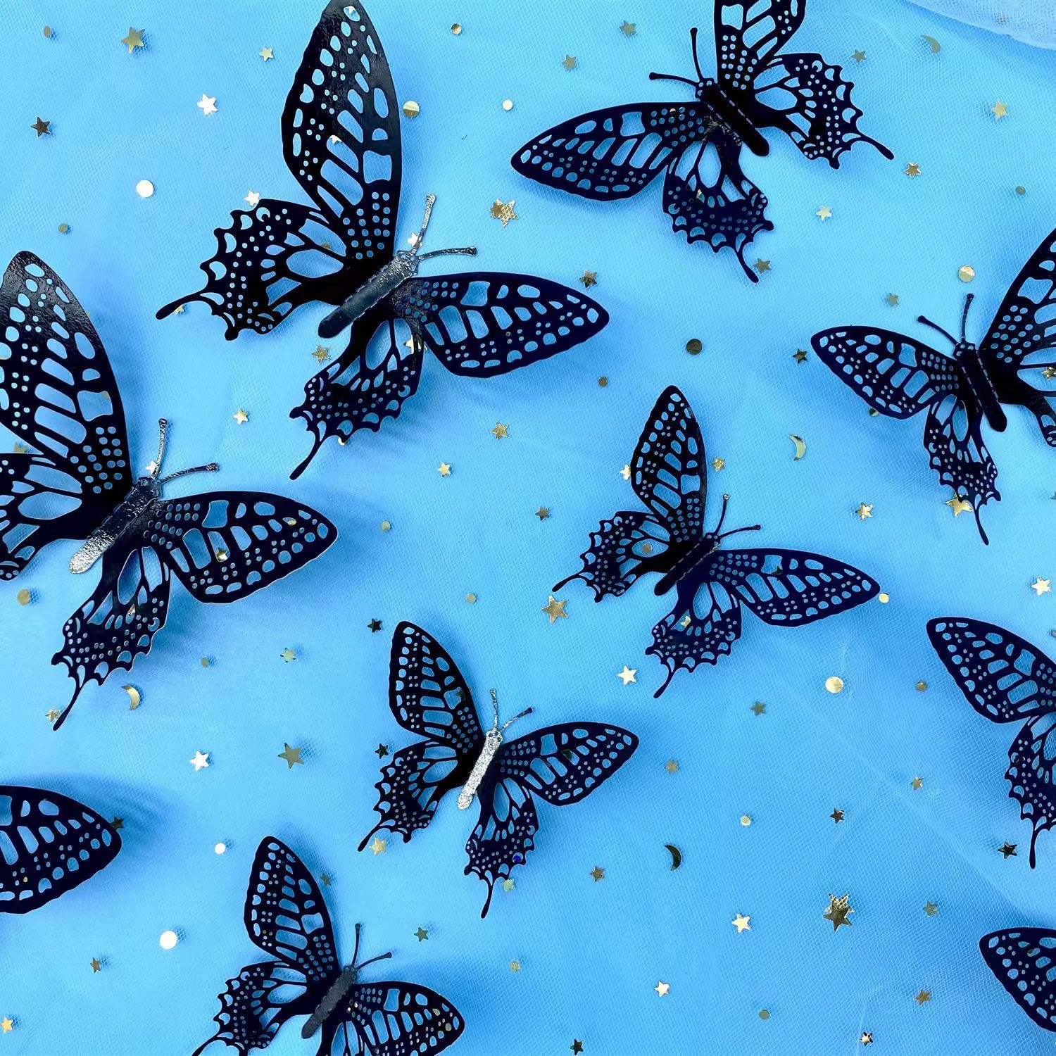 版权 3D立体镂空蝴蝶装饰墙贴 镭射金 镭射银 金色 银色 蓝色 黑色  自粘蝴蝶贴 婚礼派对装饰蝴蝶贴