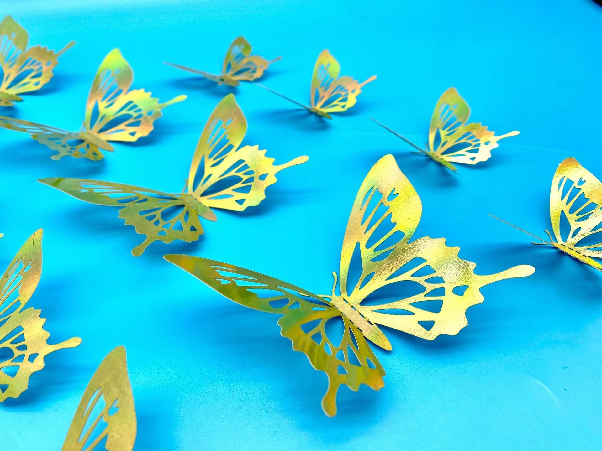 版权 3D立体镂空蝴蝶装饰墙贴 镭射金 镭射银 金色 银色 蓝色 黑色  自粘蝴蝶贴 婚礼派对装饰蝴蝶贴详情11