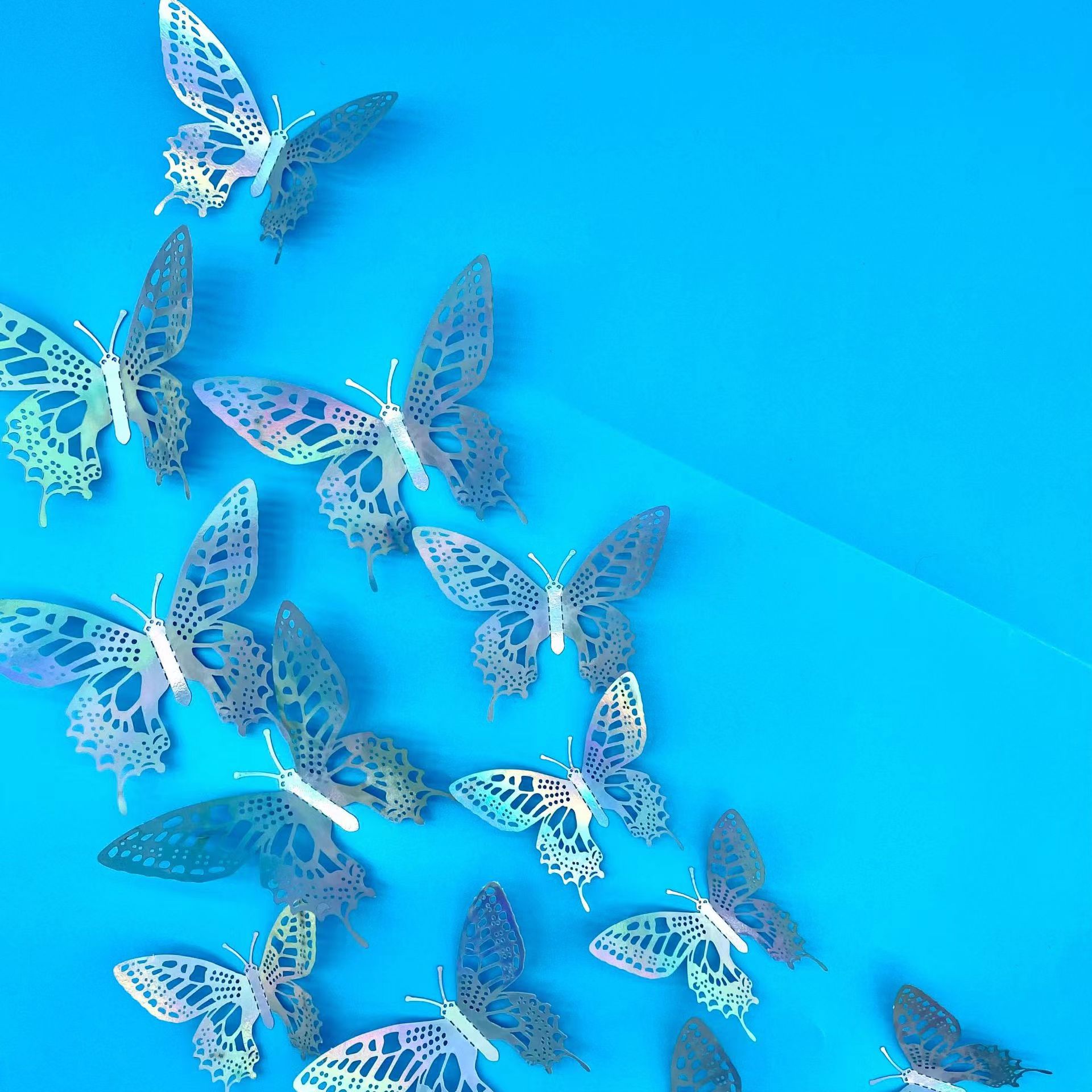 版权 3D立体镂空蝴蝶装饰墙贴 镭射金 镭射银 金色 银色 蓝色 黑色  自粘蝴蝶贴 婚礼派对装饰蝴蝶贴详情3