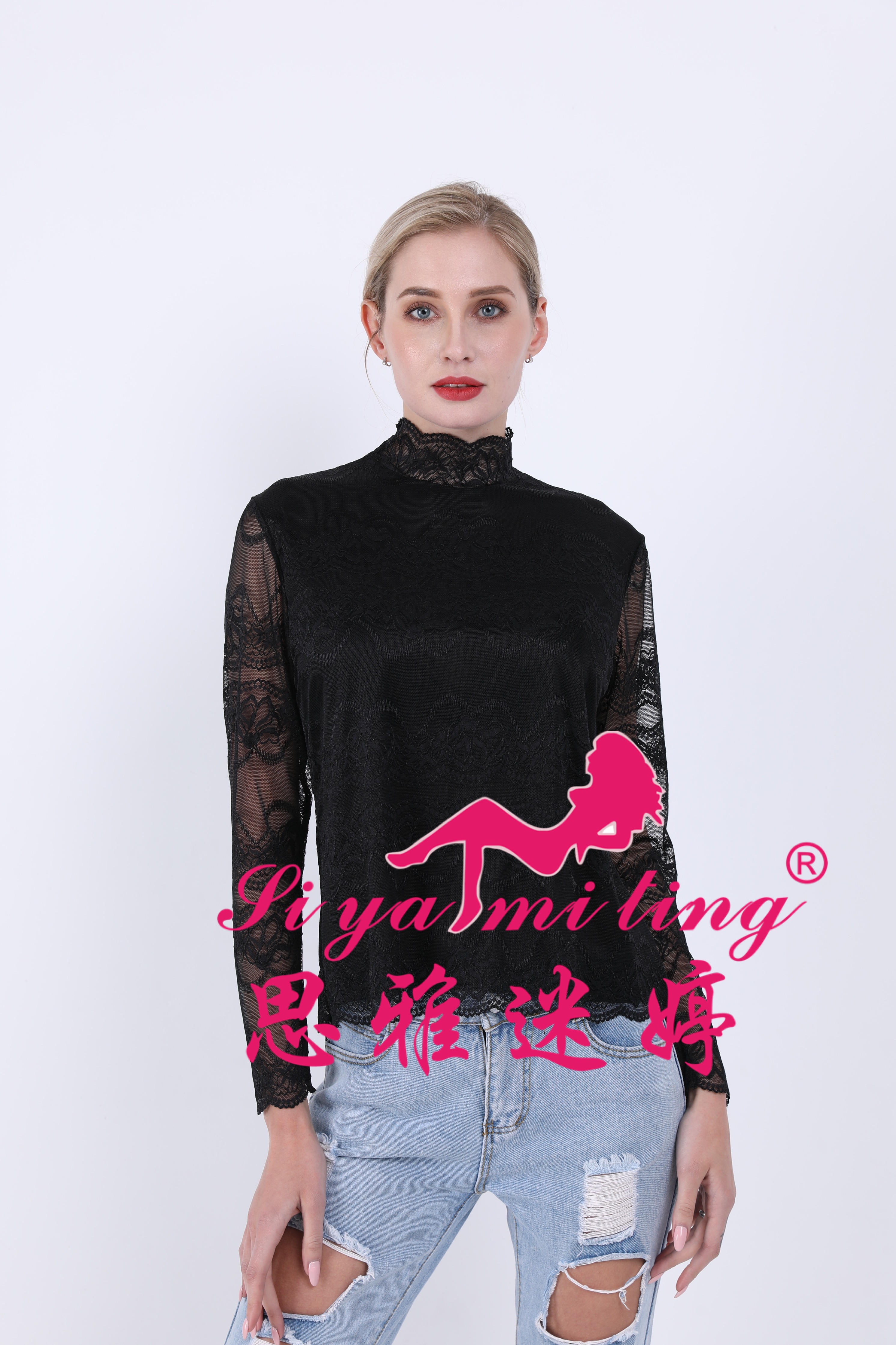 A new stylish high-neck lace base layer shirt for women in autumn and winter, paired with a long-sleeved T-shirt and a long transparent cutout top