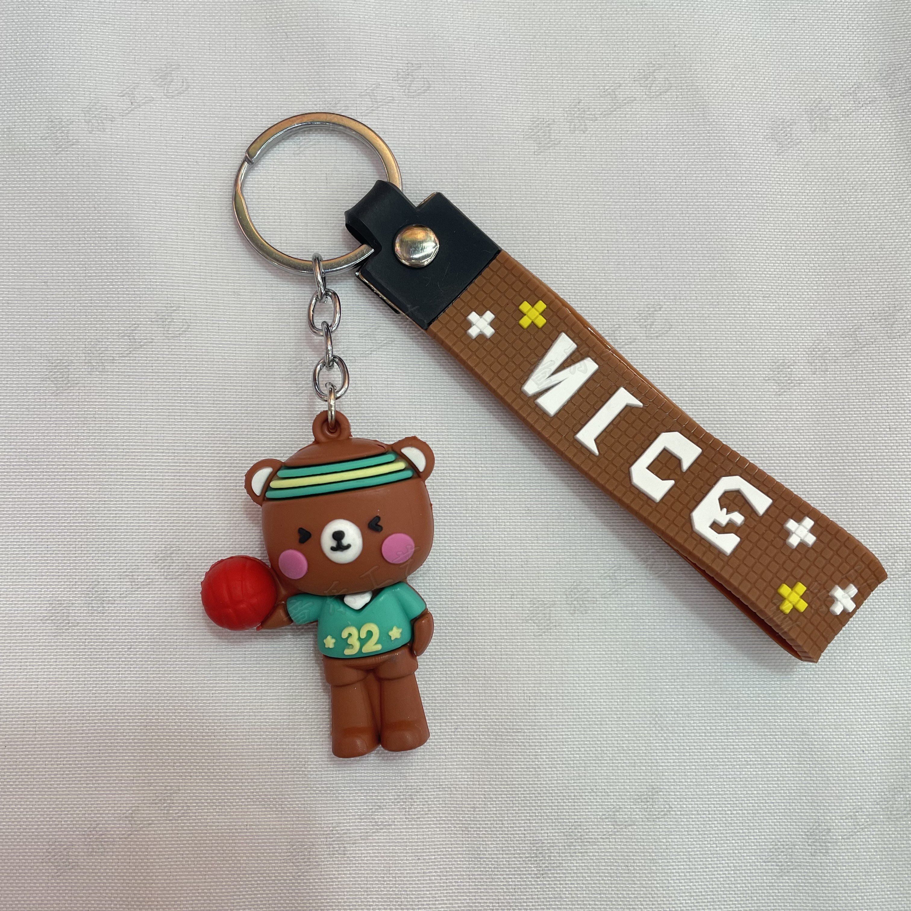 Creative fitness bear soft rubber keychain cartoon volleyball bear 3D figurine pendant details Picture