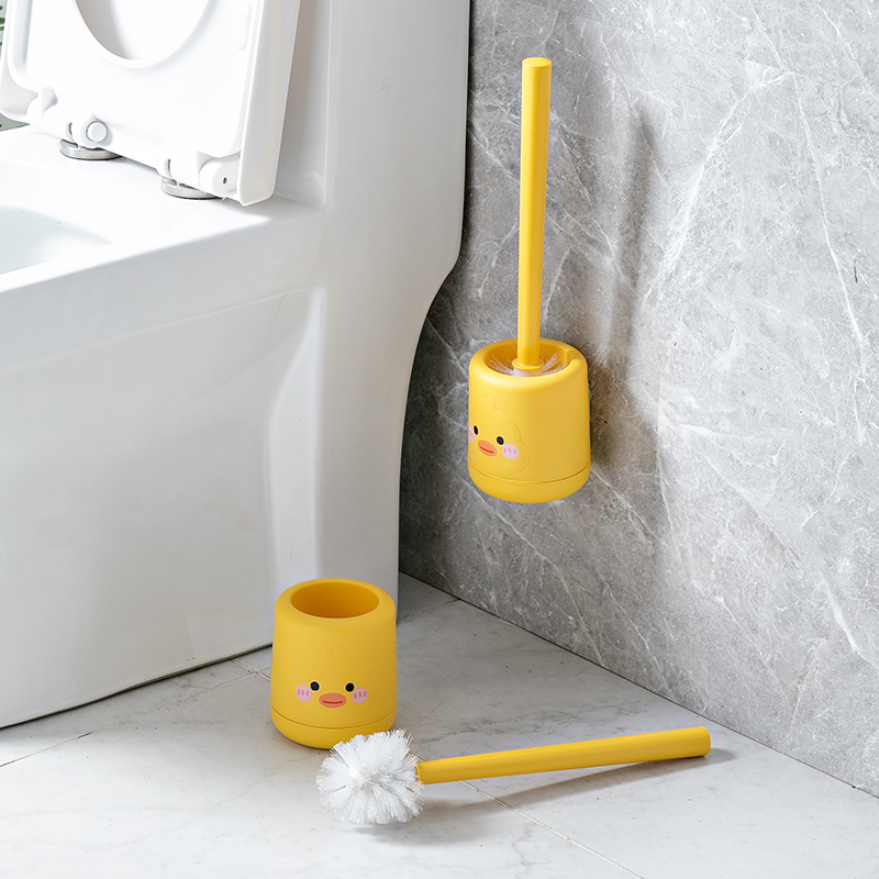 Household steel rod wall-mounted toilet brush with base, PP brush head, little yellow duck, toilet brush, toilet brush