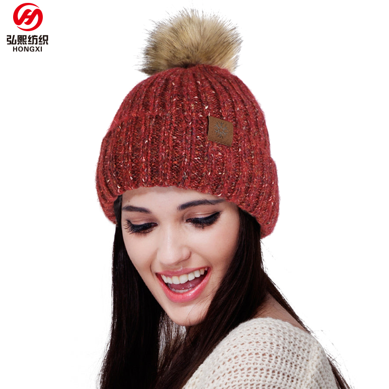 秋冬新款羊毛加绒毛球针织帽子户外保暖防寒护耳套头毛线帽图