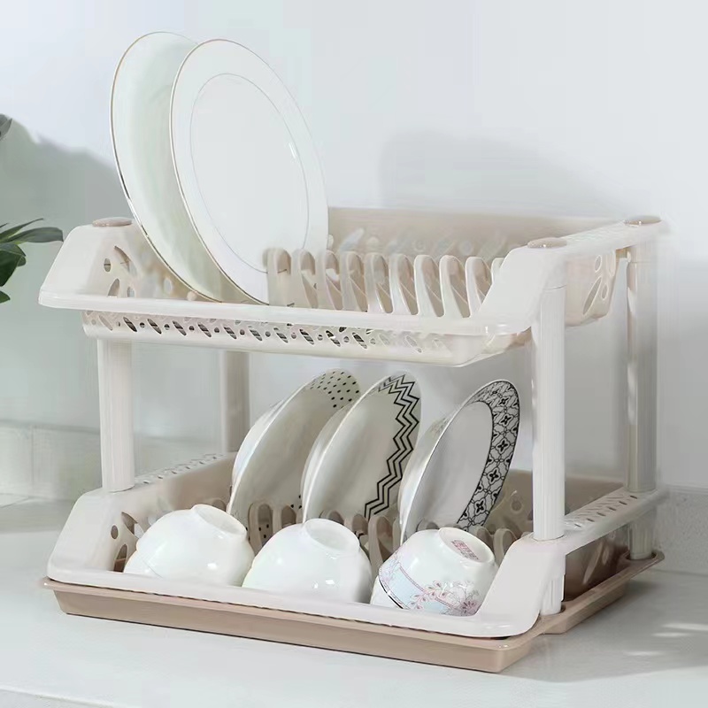 Kitchen double-layer plastic storage rack, draining dish rack, utensil drying and washing, double-layer tableware rack