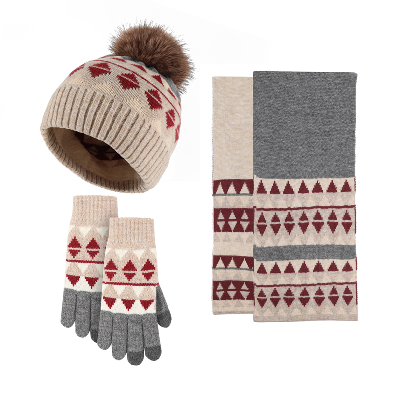 冬季新品日系针织手套围巾帽子三件套羊毛保暖防寒毛球围巾三件套详情图5