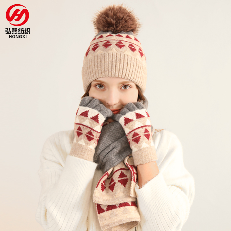 冬季新品日系针织手套围巾帽子三件套羊毛保暖防寒毛球围巾三件套详情图1