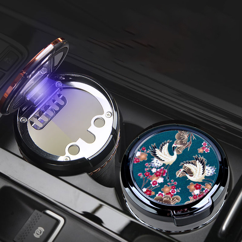 Cenicero de coche pintado cenicero de coche universal con luz LED flip tapa interior de cerámica pintado cenicero creativo QW233 details Picture