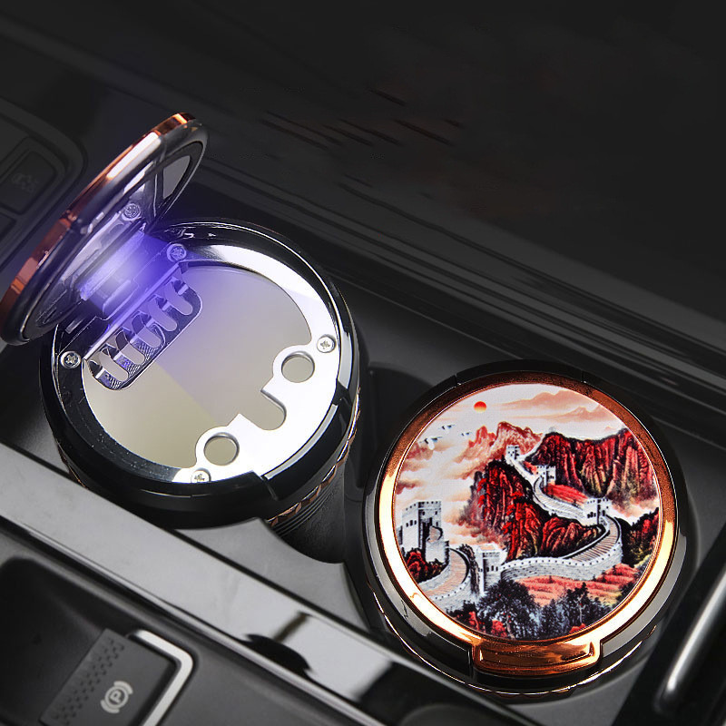 Cenicero de coche pintado cenicero de coche universal con luz LED flip tapa interior de cerámica pintado cenicero creativo QW233 Item Picture