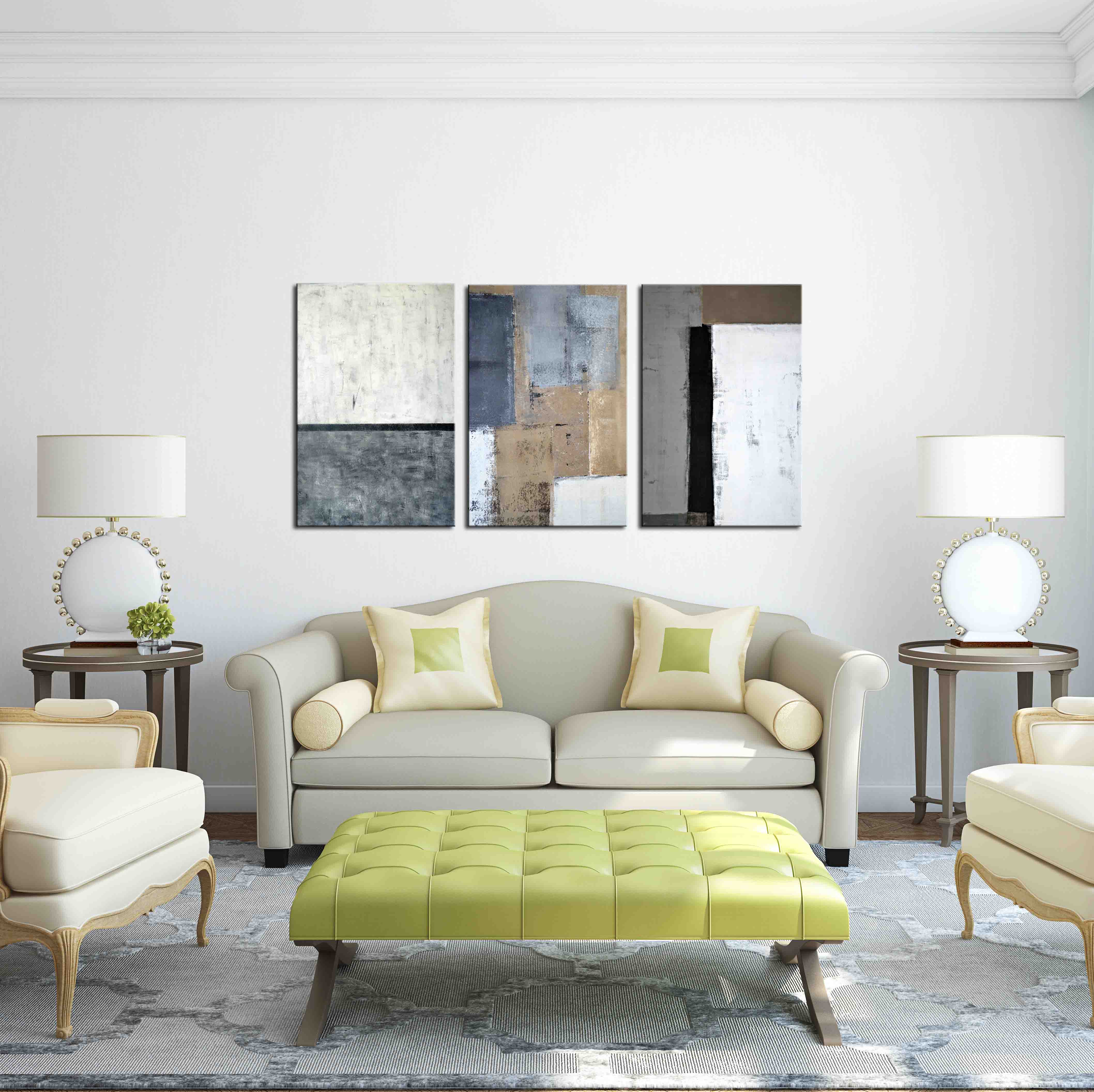 Frameless paintings, spray paintings, green plant paintings, decorative paintings, apartment and hotel accessories, one-piece consignment, factory oilpainting, living room and dining room triptyl paintings, decorative paintings, landscape abstract modern style, large quantity discount, Jiusheng Specification image