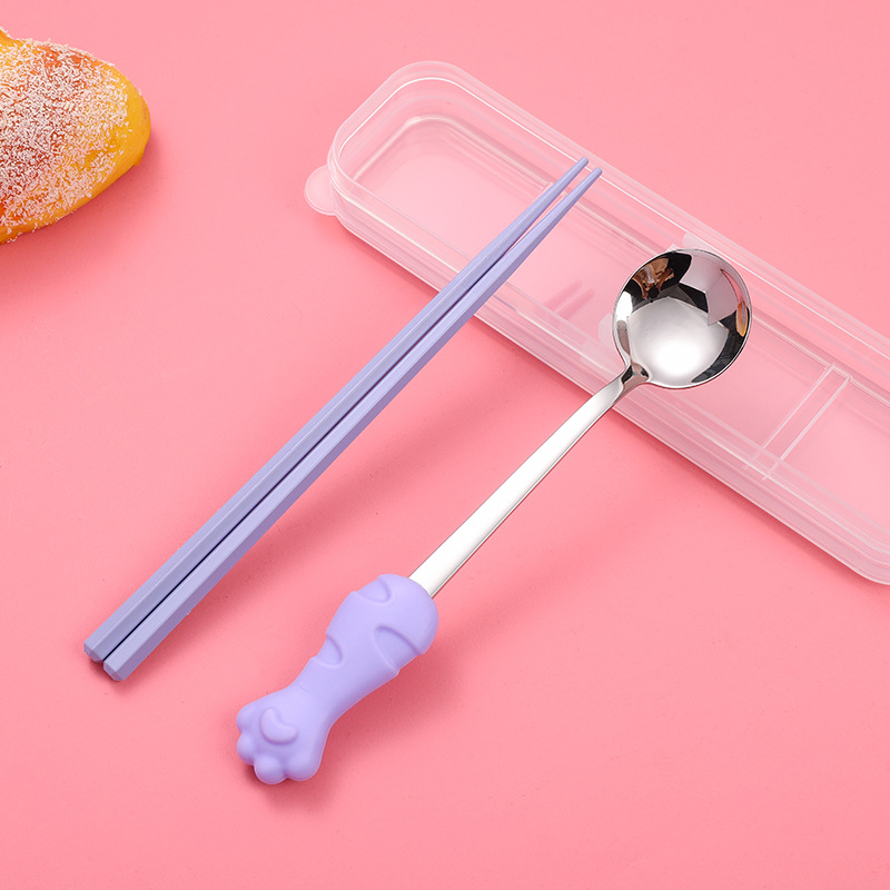 Cat paw silicone tableware set, alloy chopsticks, stainless steel spoons, two-piece set, cute student lunch, office portable spoons and chopsticks Specification image