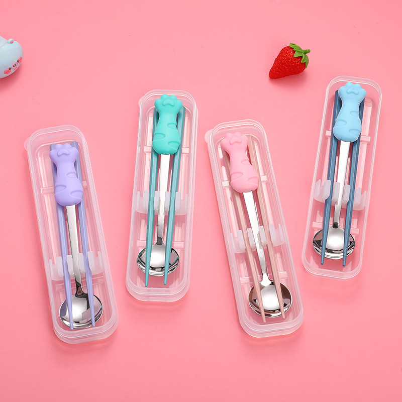 Cat paw silicone tableware set, alloy chopsticks, stainless steel spoons, two-piece set, cute student lunch, office portable spoons and chopsticks details Picture
