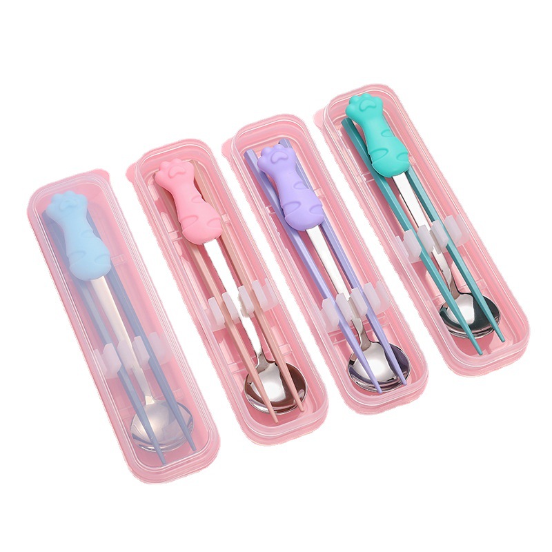 Cat paw silicone tableware set, alloy chopsticks, stainless steel spoons, two-piece set, cute student lunch, office portable spoons and chopsticks Item Picture
