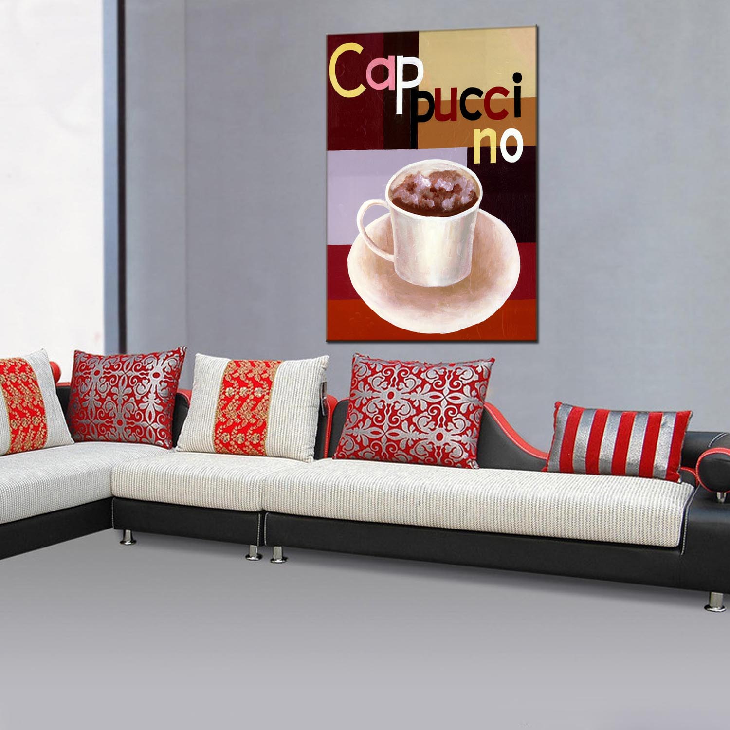 Coffee cup oilpainting decorative paintings, apartment and hotel matching paintings, one-piece consignment factory, oilpainting, living room and dining room triptyl decorative paintings, landscape abstract modern style, customizable oilpainting styles, Jiusheng Application Scenario