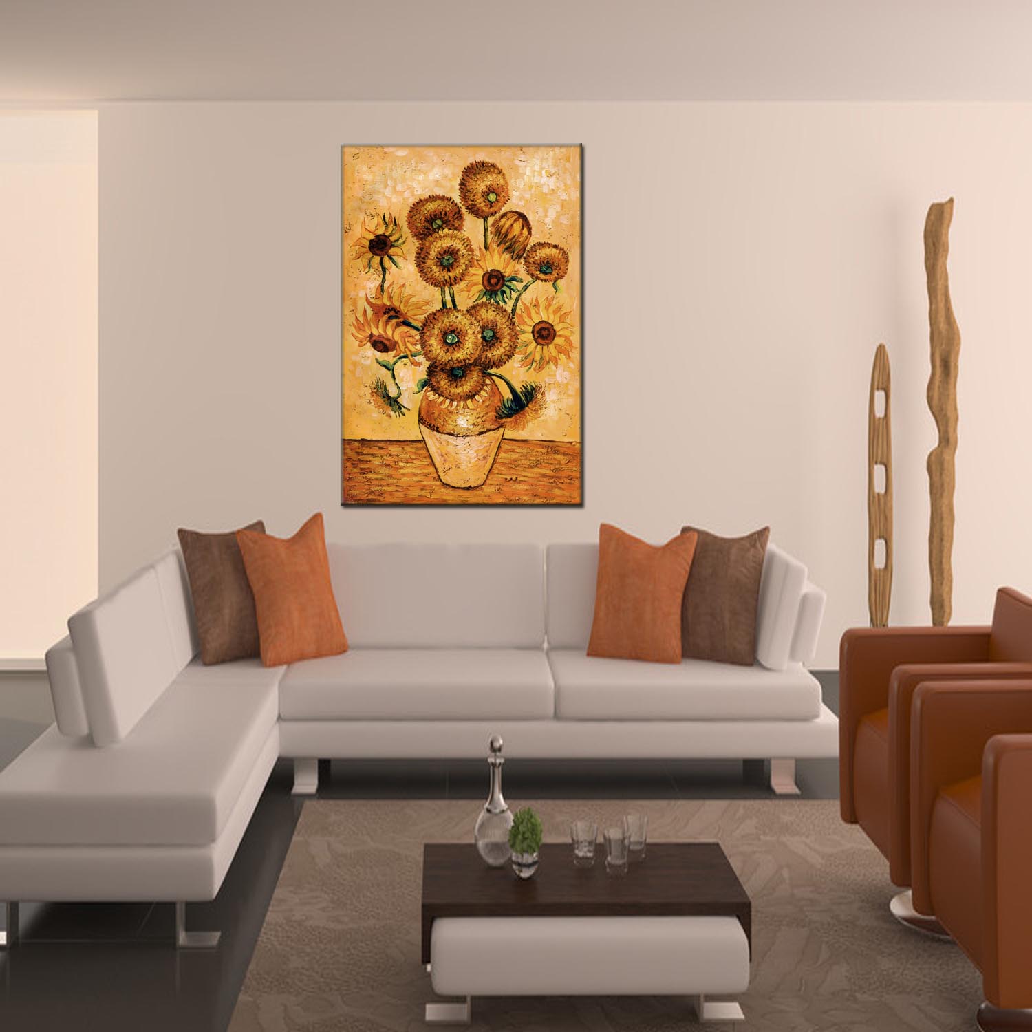 Sunflower oilpainting decorative paintings for apartments and hotels, one-piece consignment factory, oilpainting, living room and dining room triptyl decorative paintings, landscape abstract, modern style, customizable, various oilpainting styles, Jiusheng Application Scenario