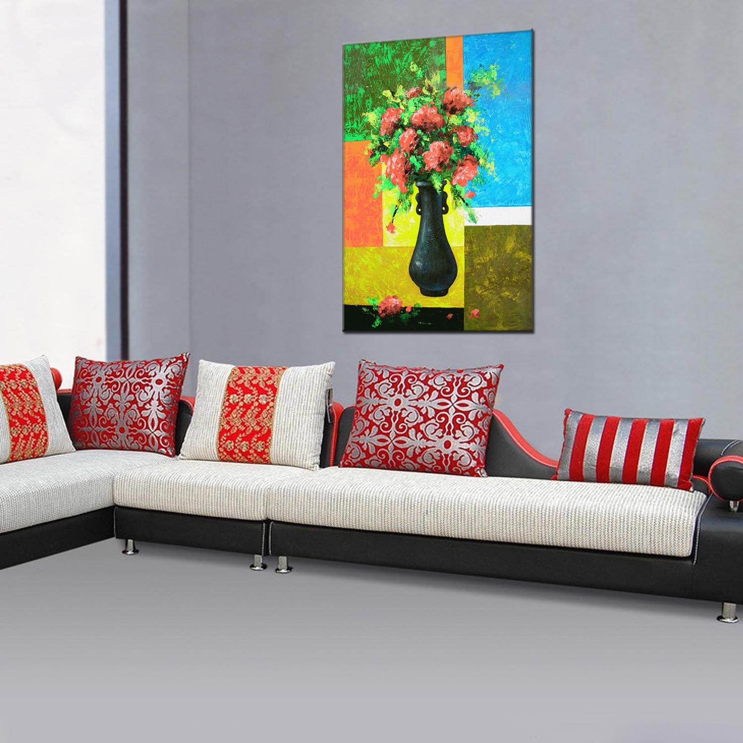 Flower oilpainting decorative paintings, apartment and hotel matching paintings, one-piece consignment factory, oilpainting, living room and dining room triptyl decorative paintings, landscape abstract modern style, customizable oilpainting styles, Jiusheng Application Scenario