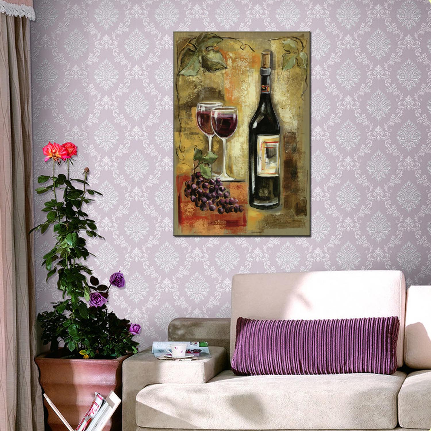 Wine bottle series oilpainting decorative paintings, apartment and hotel matching paintings, one-piece consignment factory, oilpainting, living room and dining room triptyl decorative paintings, landscape abstract modern style, customizable oilpainting styles, Jiusheng Application Scenario
