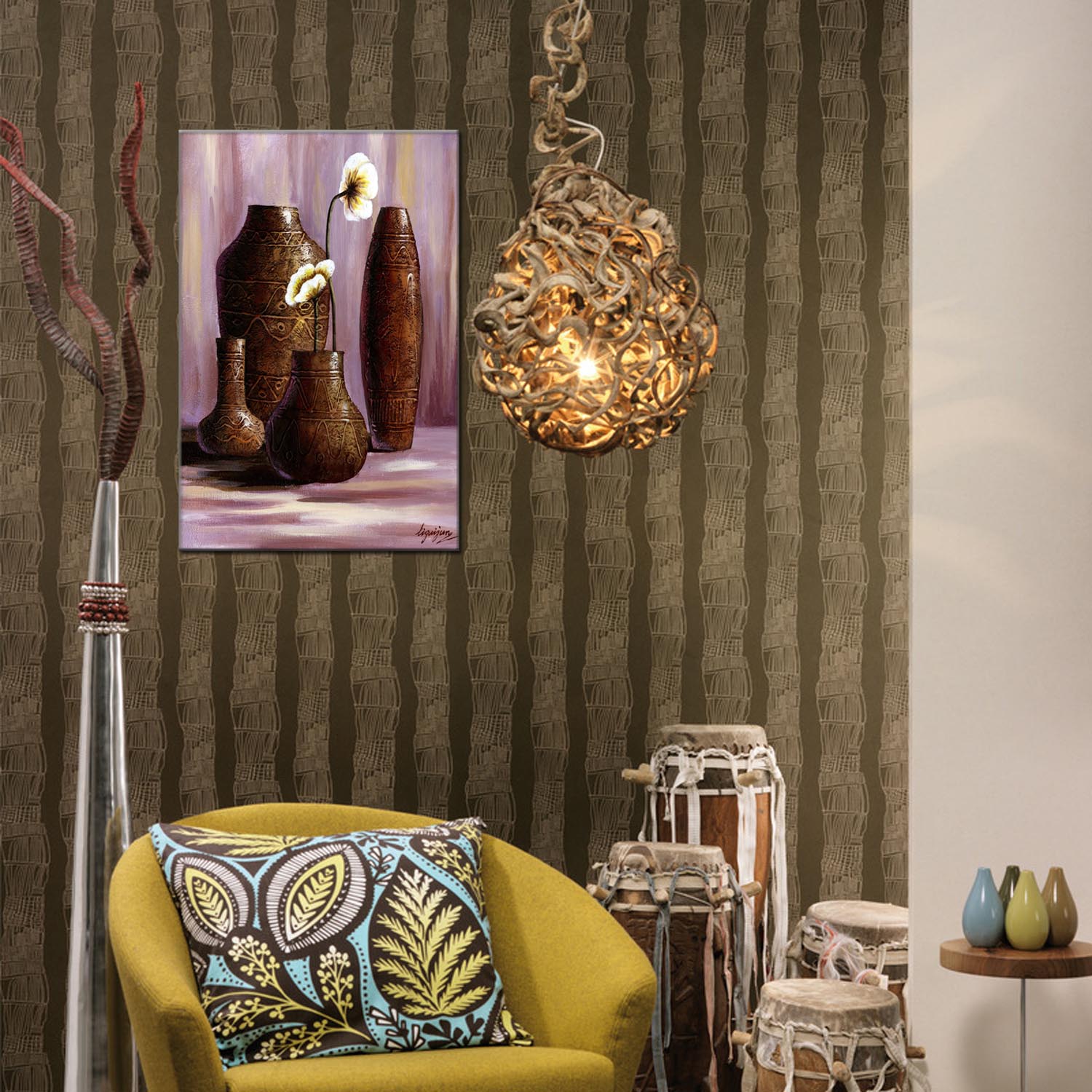 Vase 2 oilpainting Decorative Painting, Apartment and hotel matching painting, one-piece consignment factory, Oil Painting, living room and dining room triptyl Decorative painting, landscape Abstract Modern style, customizable oilpainting styles, Jiusheng