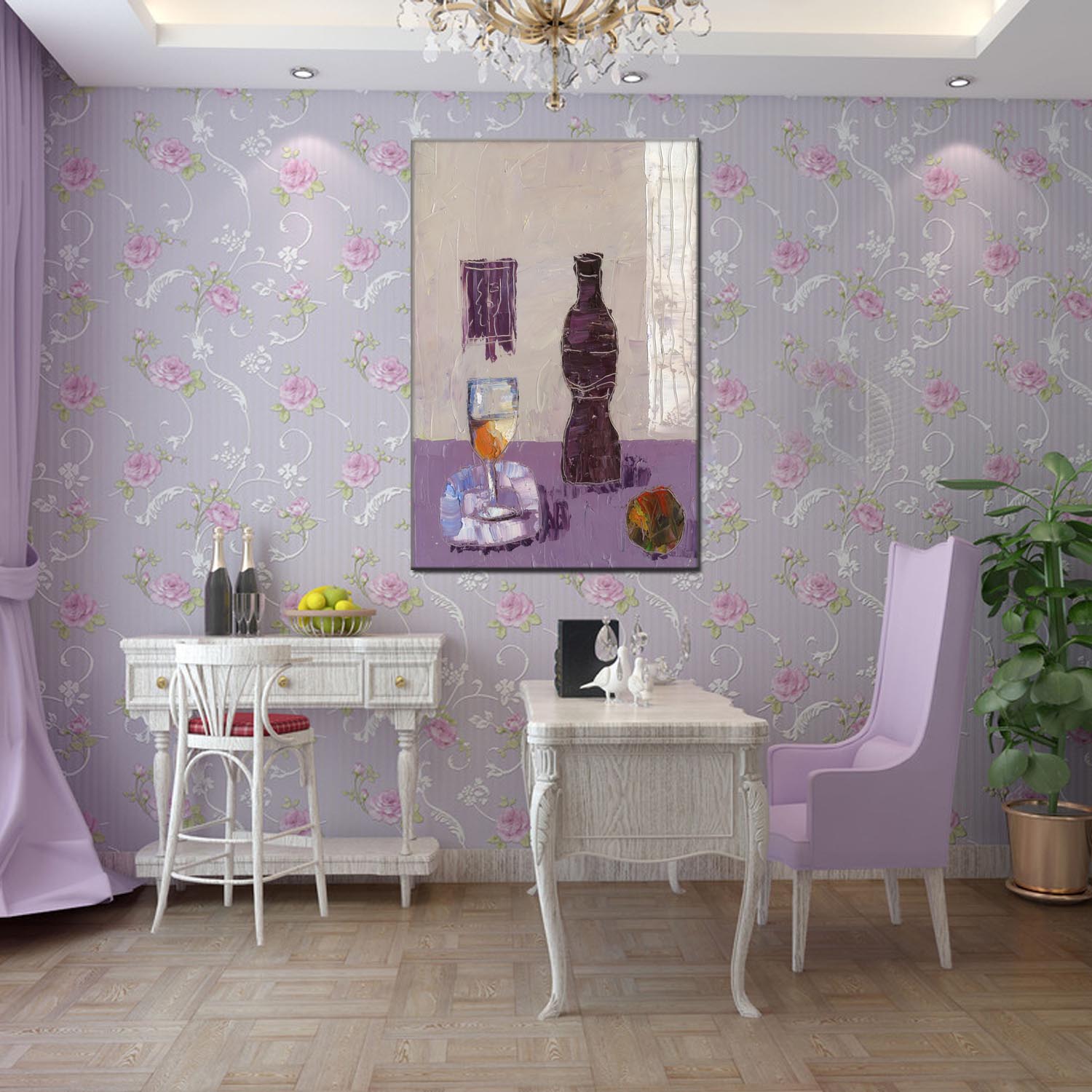 Wine bottle 2 oilpainting Decorative painting, apartment and hotel matching painting, one-piece consignment factory, Oil painting, living room and dining room triptyl decorative painting, landscape abstract modern style, customizable oilpainting styles, Jiusheng Application Scenario