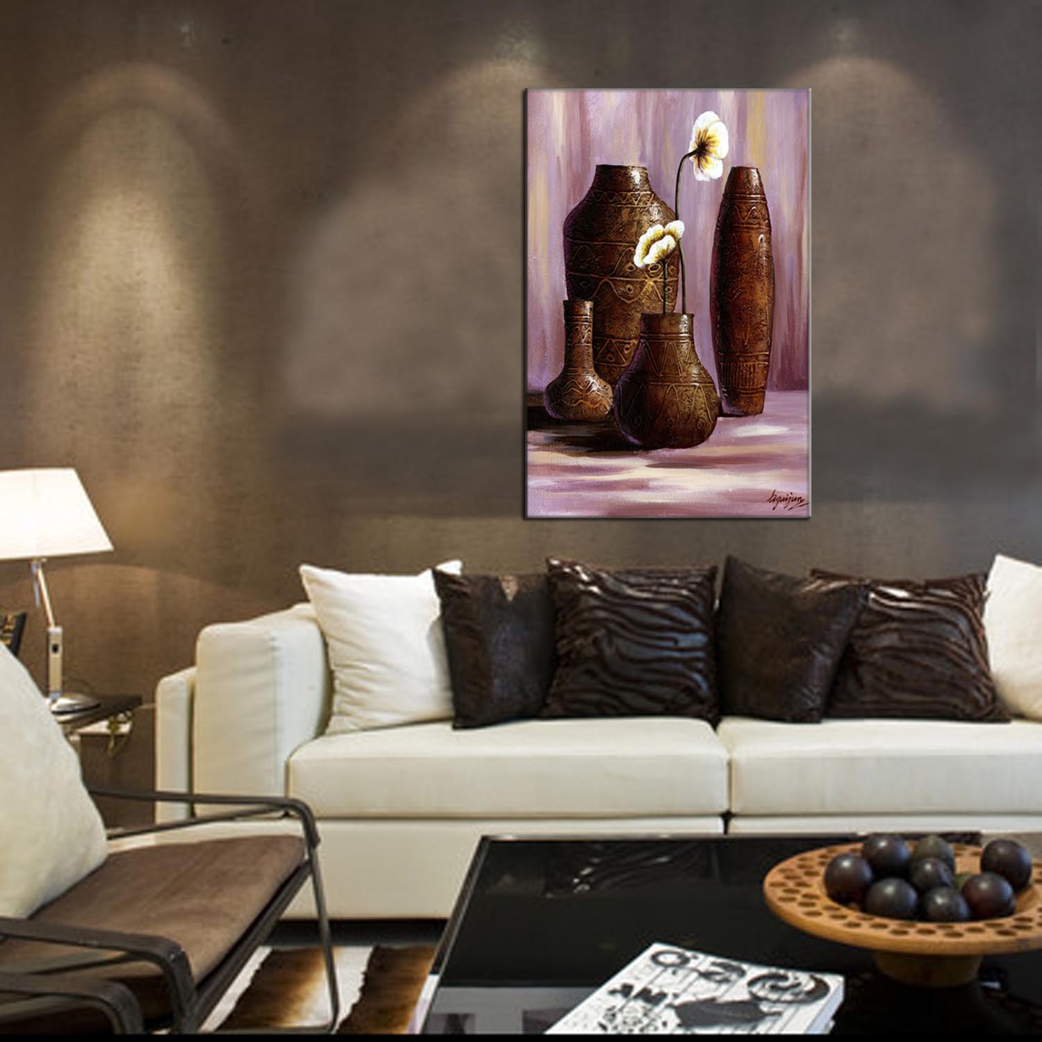 Vase 2 oilpainting Decorative Painting, Apartment and hotel matching painting, one-piece consignment factory, Oil Painting, living room and dining room triptyl Decorative painting, landscape Abstract Modern style, customizable oilpainting styles, Jiusheng Specification image