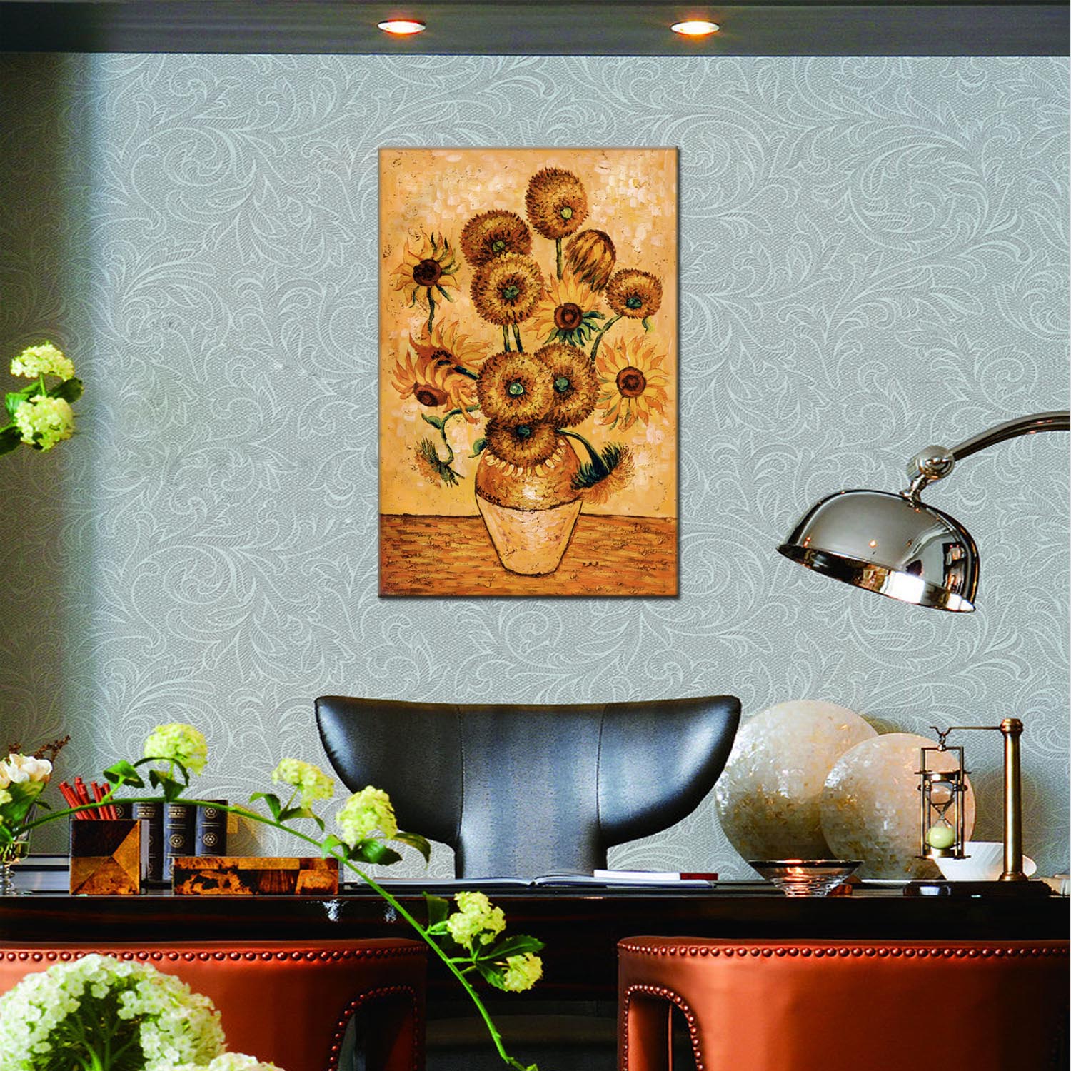 Sunflower oilpainting decorative paintings for apartments and hotels, one-piece consignment factory, oilpainting, living room and dining room triptyl decorative paintings, landscape abstract, modern style, customizable, various oilpainting styles, Jiusheng Specification image