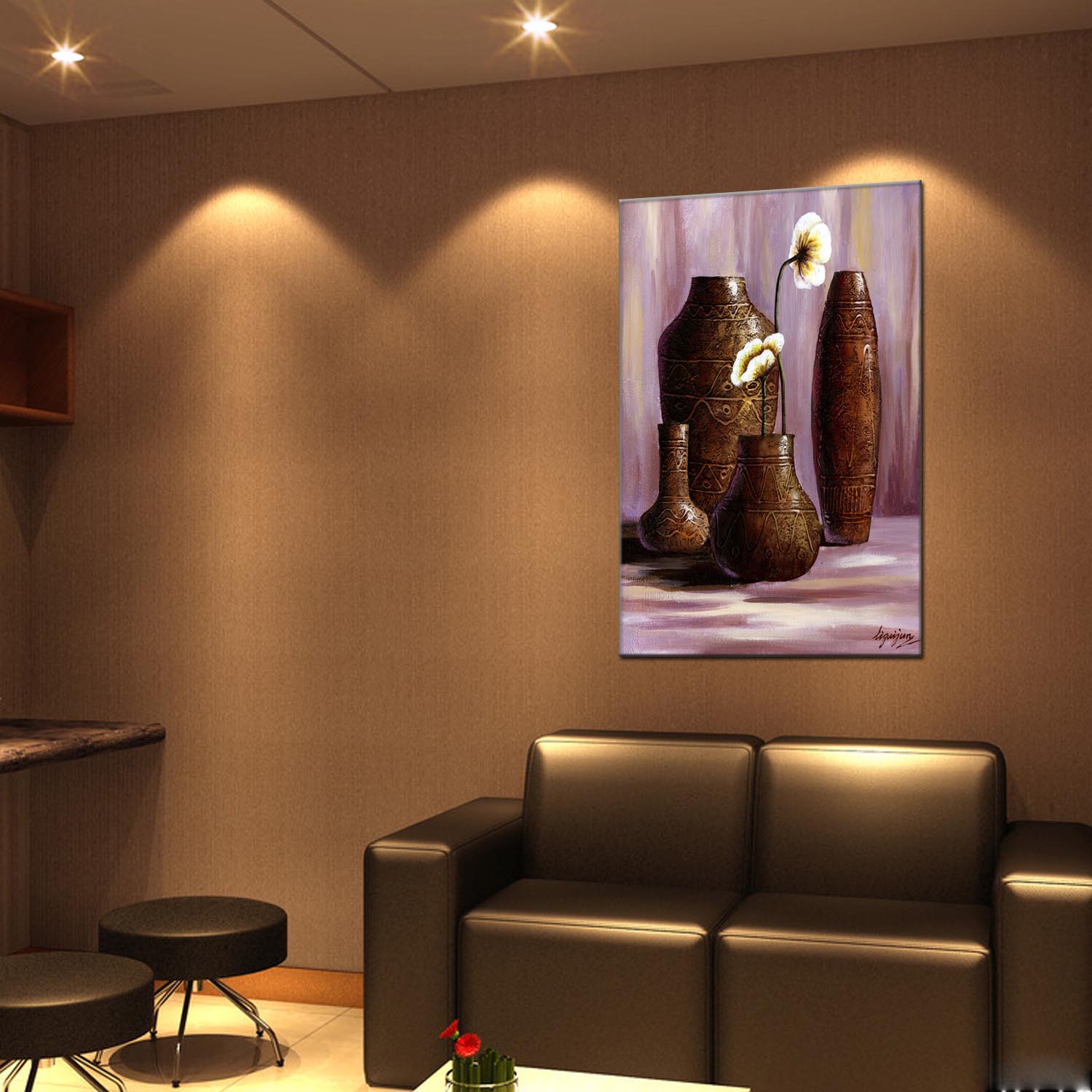Vase 2 oilpainting Decorative Painting, Apartment and hotel matching painting, one-piece consignment factory, Oil Painting, living room and dining room triptyl Decorative painting, landscape Abstract Modern style, customizable oilpainting styles, Jiusheng Item Picture