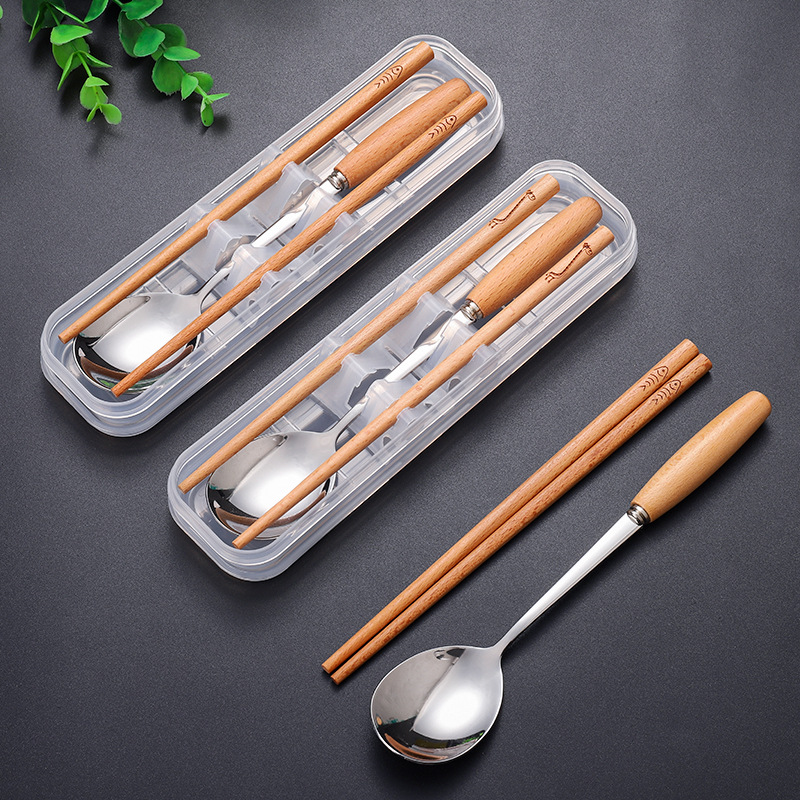 简约榉木筷子304不锈钢勺子两件套外出便携餐具盒学生收纳盒单人