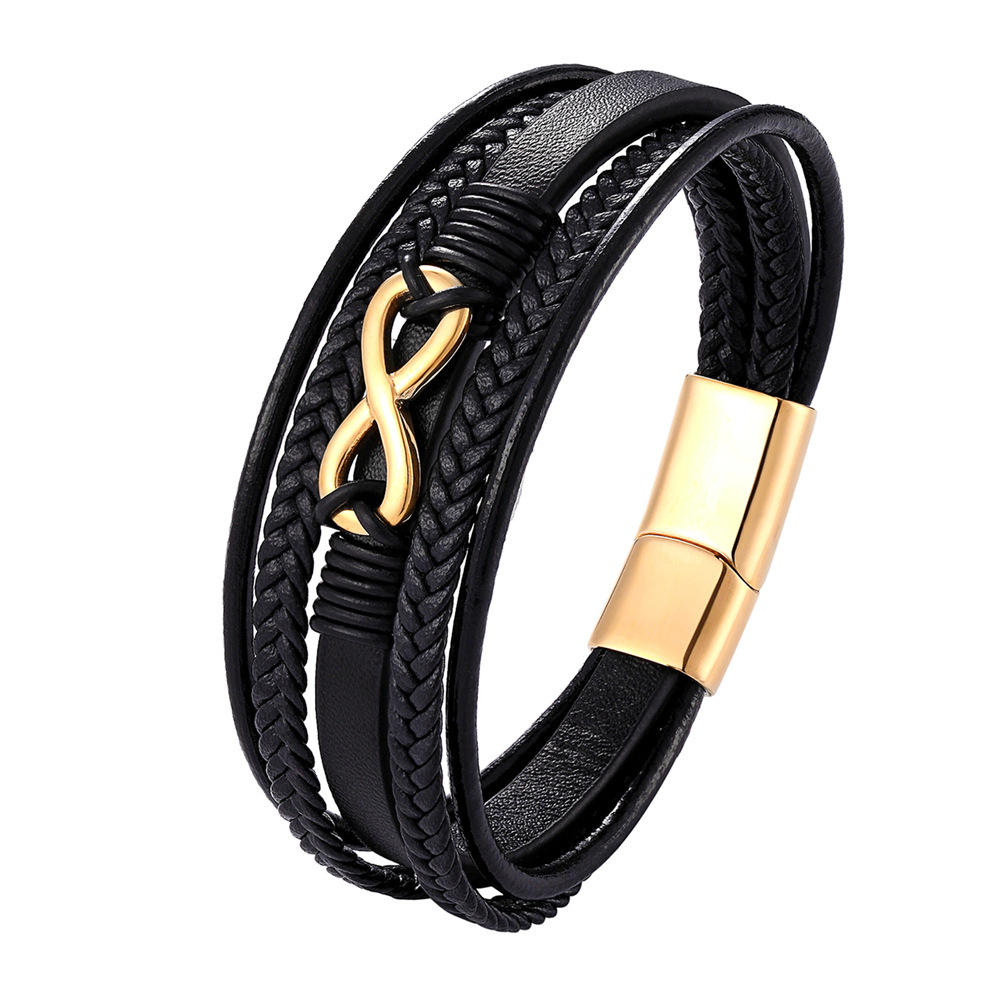 Multi-layer woven leather 8-shaped stainless steel bracelet with magnetic clasp, retro handcrafted, best-selling titanium steel bracelet Item Picture