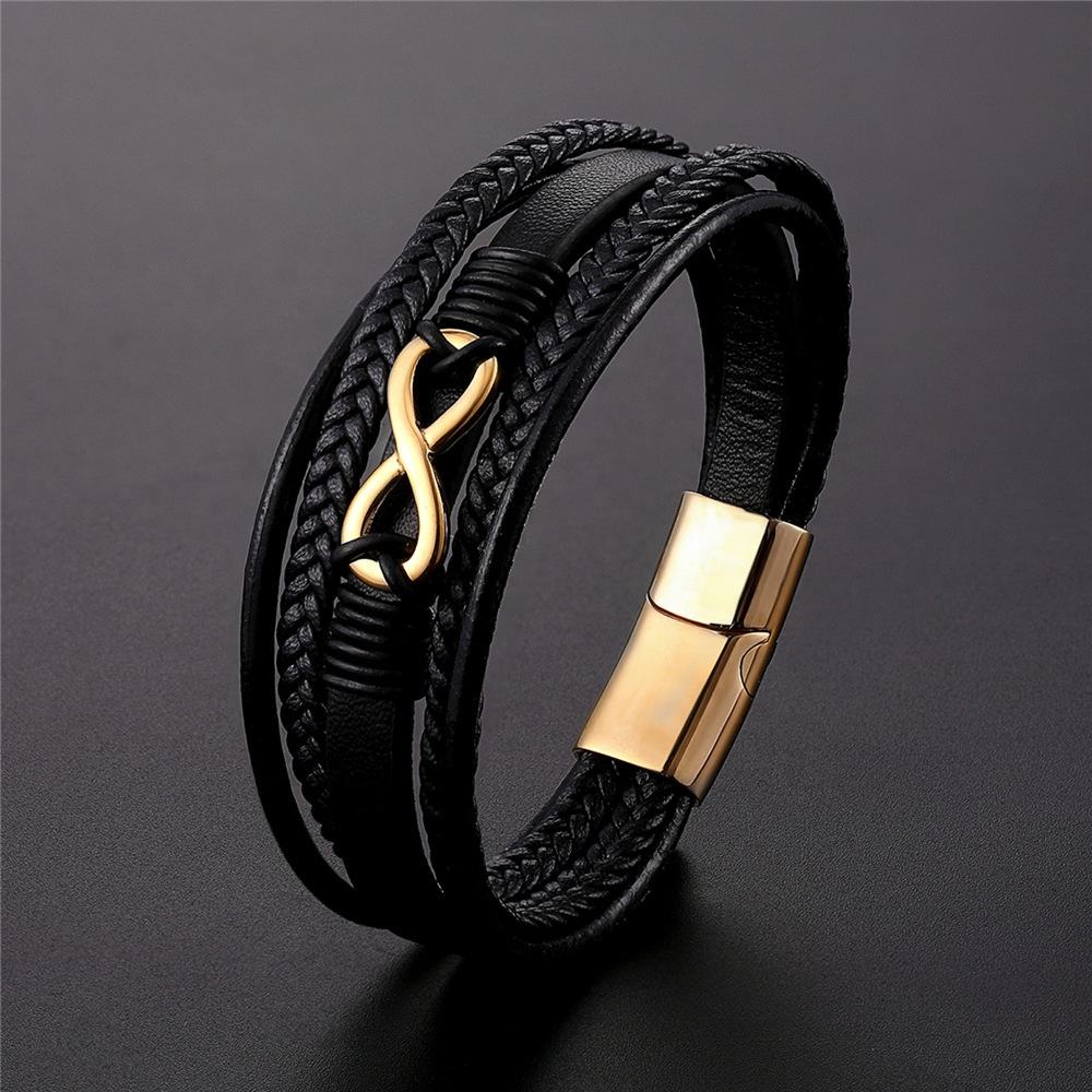 Multi-layer woven leather 8-shaped stainless steel bracelet with magnetic clasp, retro handcrafted, best-selling titanium steel bracelet Specification image