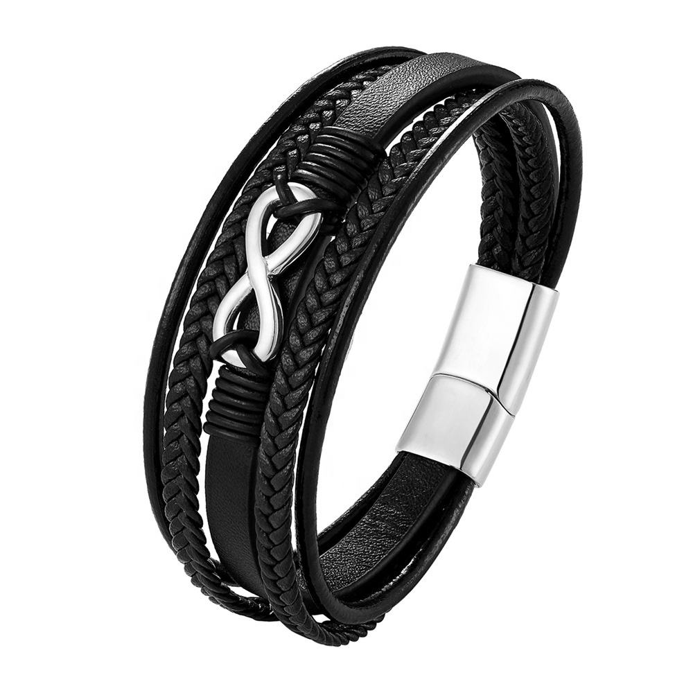Multi-layer woven leather 8-shaped stainless steel bracelet with magnetic clasp, retro handcrafted, best-selling titanium steel bracelet details Picture