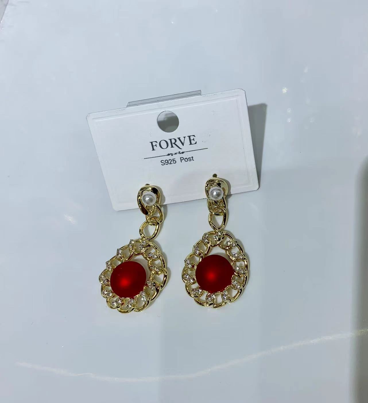 网红爆款气质型 时尚流行 款式新颖 时尚多彩热销红珍珠耳环FORVE123