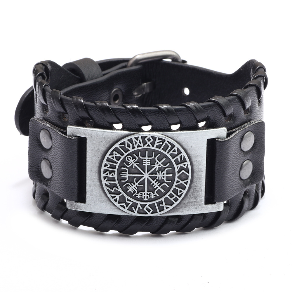 Amazon European and American simple wide leather stainless steel bracelet titanium steel punk men's genuine leather bracelet ring 11 details Picture