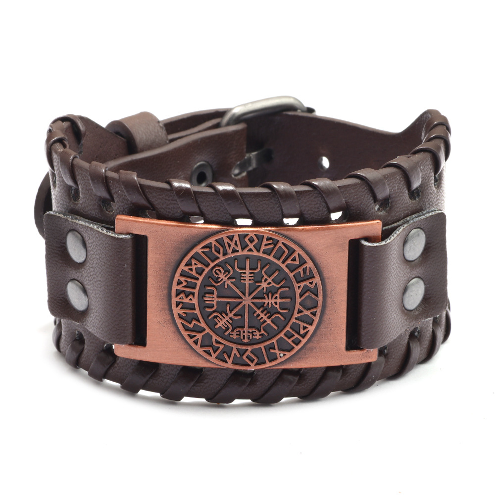 Amazon European and American simple wide leather stainless steel bracelet titanium steel punk men's genuine leather bracelet ring 11 Specification image