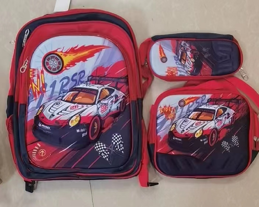 Three-piece schoolbag set, red and white car