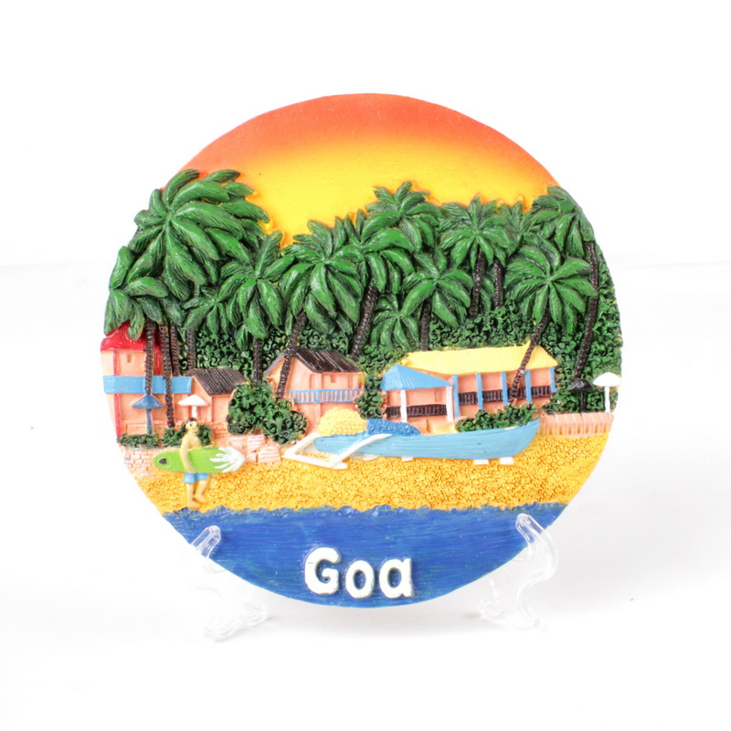 厂家直销 3D人工手绘印度GOA沙滩风景 景点挂盘装饰盘子 印度坐盘树脂工艺品摆件定制