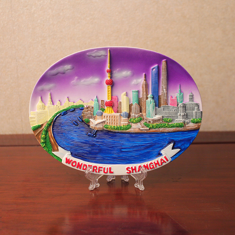 Creative gift ornaments, home decoration 3D hand-painted, Shanghai Bund characteristic resin handicrafts, can be hung or placed, decorative plates, wholesale of tourist souvenirs Specification image