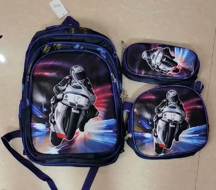 Three-piece schoolbag set with colorful grey car