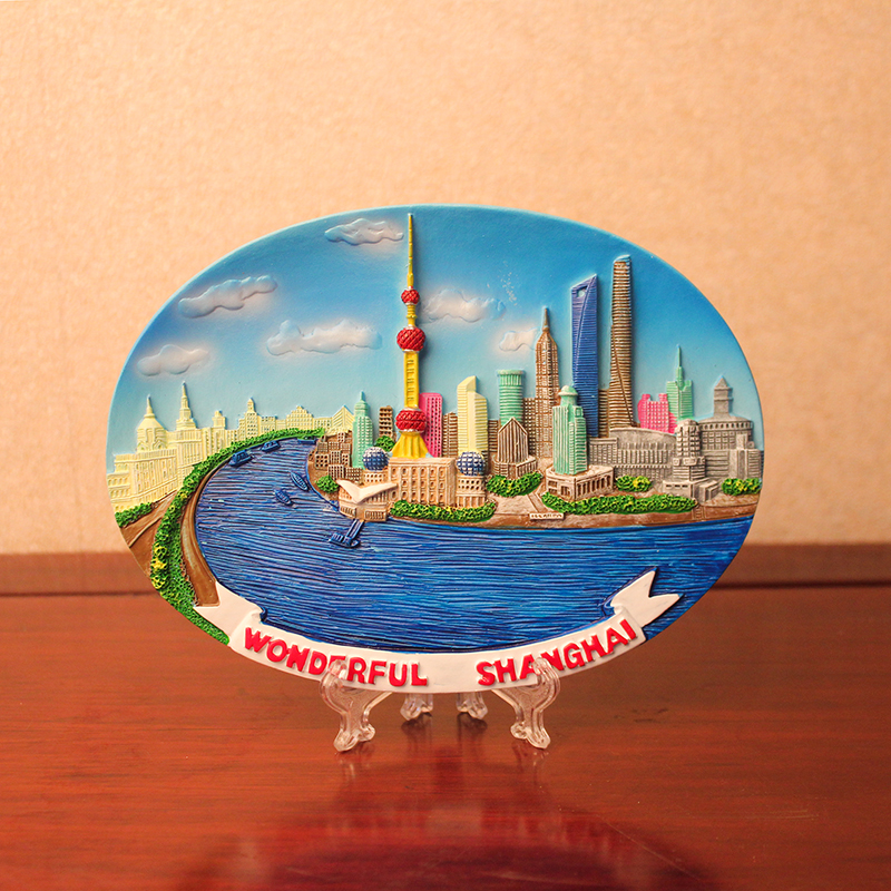 Creative gift ornaments, home decoration 3D hand-painted, Shanghai Bund characteristic resin handicrafts, can be hung or placed, decorative plates, wholesale of tourist souvenirs details Picture